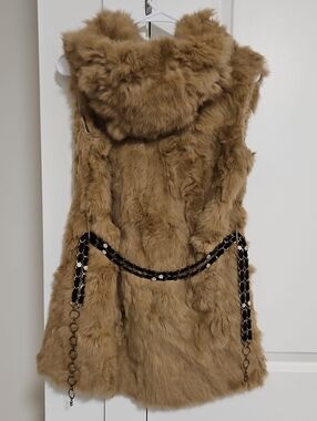 Like New Real Rabbiy Fur Tan Hooded Long Vest with Decorative Chain Belt